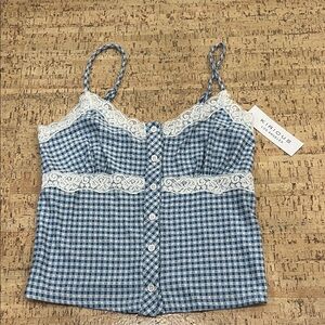 Blue Gingham Lace Trim Cami Top